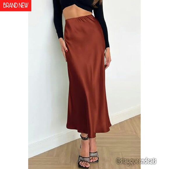 Satin Midi Skirt High Waisted A-Line Flowy Elegant Cocktail Wedding - Picture 6 of 8